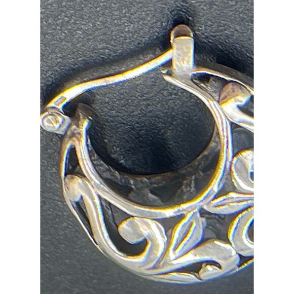 Vintage Sterling Silver Open Cutout Floral Filigree Scrolling Hoop Earrings - Picture 8 of 13